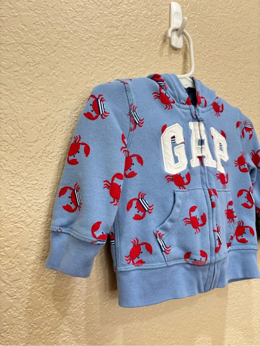 Baby Gap Light Blue Red Crab Print Logo Zip Hoodie Infant 6-12 Month New England